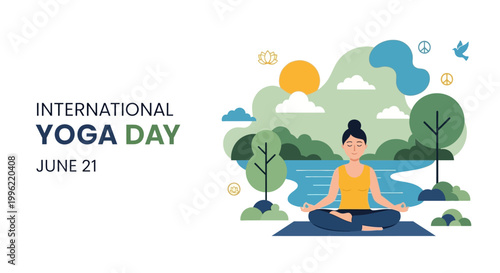 International Yoga Day with a woman meditating peacefully by a lake in a serene park setting.