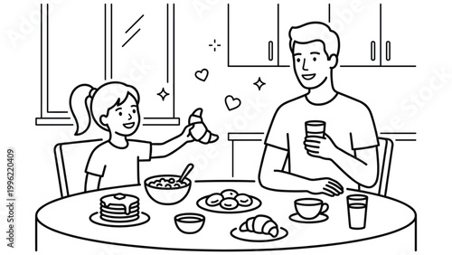 Father and daughter enjoying breakfast, sharing food and smiles at home.