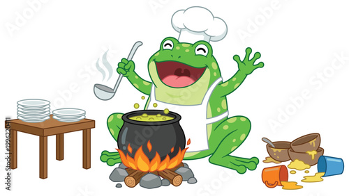 Frog chef cooking soup in pot over campfire with plates and bowls.