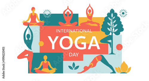 International Yoga Day illustration with diverse people practicing yoga poses outdoors surrounded by nature elements.