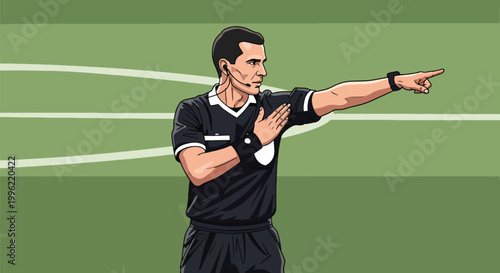 Soccer referee pointing, man in official uniform making a gesture on green field, indicating direction during football match.