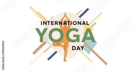 International Yoga Day with a woman in a balancing yoga pose and abstract lines, Isolated white background.
