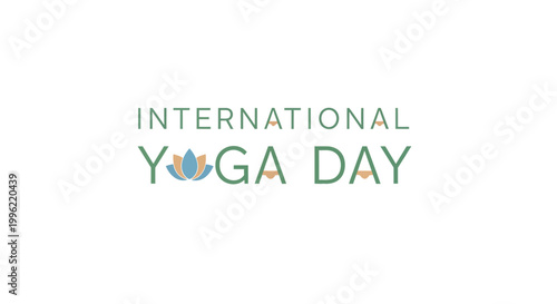 International Yoga Day minimalist text logo with a lotus flower symbol, Isolated white background.