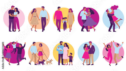 Diverse families and couples in circles, celebrating life and love together.