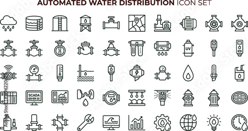 Automated water distribution outline icon set featuring irrigation pipeline valve sensor monitoring infrastructure vector collection for dashboards interfaces utilities engineering