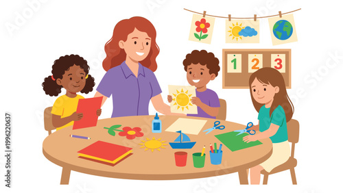 Teacher and children doing arts and crafts at kindergarten table.