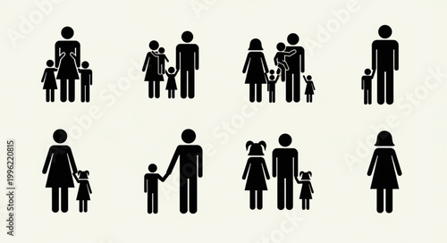 Collection of Diverse Family Silhouettes Representing Different Family Units.