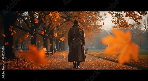 Person in Trench Coat Walking Through Autumn Park with Falling Leaves.