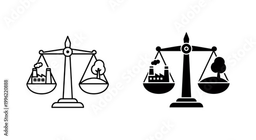 Environmental balance scales icon set with factory and tree, outline and solid style, white background, vector Illustration