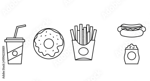 Set of fast food icons in outline style.
