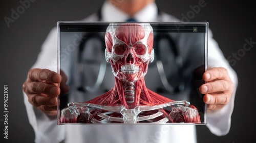 Man holds tablet displaying human model digital human model is shown on tablet held by man