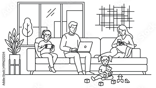 Family relaxing at home in living room with gadgets line art vector illustration on sofa.