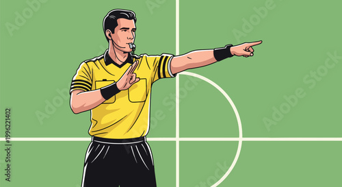 Soccer referee gesturing direction on pitch field illustration featuring professional striped uniform and whistle isolated on green grass background art.
