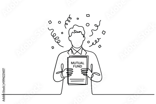 man holding mutual fund document in minimalist line art