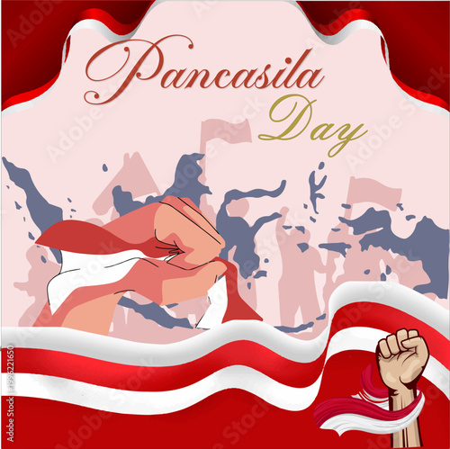 Indonesian Pancasila Day Celebration with Flags and People Illustration.