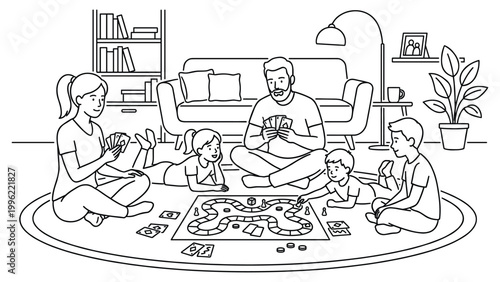 Family playing board game on floor in living room, enjoying quality time together.
