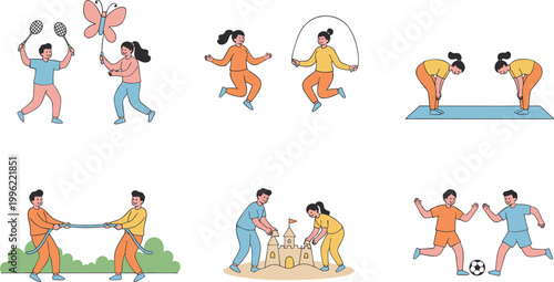 Cartoon vector illustration of people playing sports, exercising, and enjoying recreational outdoor activities with teamwork and fun