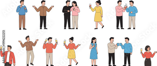 Vector illustration of cartoon people socializing with drinks, casual conversations, gestures, and celebration in friendly gatherings