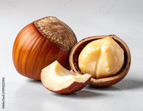 Detailed studio shot showcases a fresh whole hazelnut, a cracked shell revealing its creamy kernel, and a separate small piece of the kernel