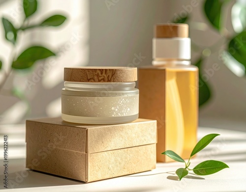 Sustainable natural skincare products and organic beauty essentials displayed with green plant leaves in warm sunlight, emphasizing a clean eco friendly concept
