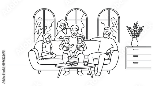 Happy family with twin babies sitting on sofa in cozy living room line art vector sketch.