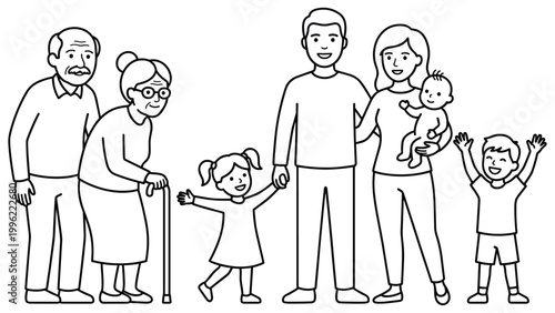 Extended family portrait with grandparents parents and children in line art coloring style.
