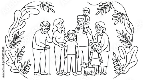 Large family group portrait with dog framed by leaf foliage border line art illustration.