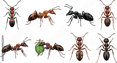 Realistic ants collection with different species detailed insects isolated on light background entomology vector illustration set