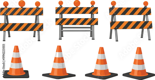 Traffic Barriers and Cones Set in Orange and Black with Safety Signage Vector Design