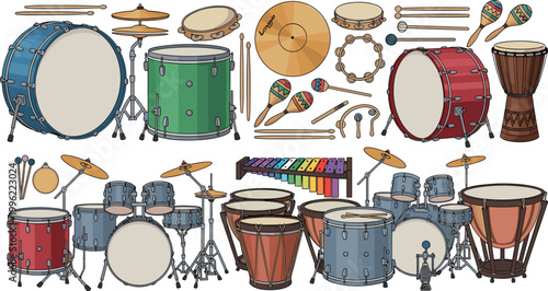 Musical percussion instruments collection with drums cymbals tambourine and maracas isolated on light background music vector illustration set