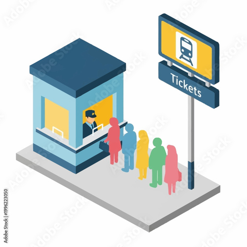 People queuing at a ticket booth for train travel.