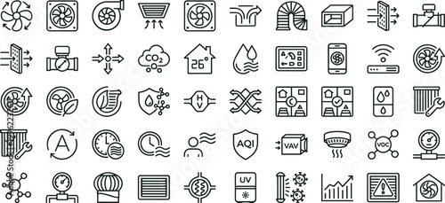 Air quality monitoring HVAC ventilation outline icon set featuring environmental sensor filtration climate control vector collection for dashboards interfaces engineering systems
