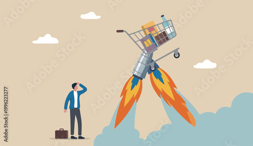 Boost sales and increase profit, achieve sales target develop business growth, inflation and price concept, shopping cart trolley into fast rocket booster flying hight the sky