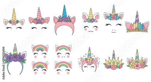 Cute unicorn headbands and faces collection with floral crowns and rainbow elements isolated on light background cartoon vector illustration set