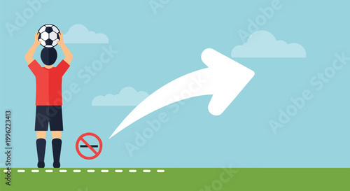 Soccer player performing throw in with ball above head and prohibited sign indicating illegal move or rule violation on field with grassy landscape.