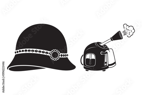 Cloche hat and a facial steamer icon with headwear accessory treatment