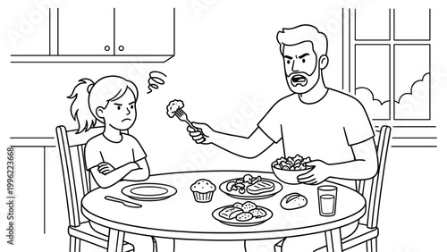 Father feeding vegetables to stubborn young daughter at kitchen table during dinner time.