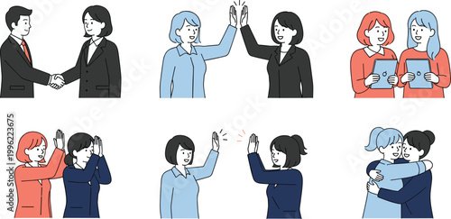People Interaction and Cooperation Icon Set Featuring Handshakes, High Fives, and Hugs for Teamwork and Relationship Building Vector Illustration