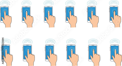 Touchscreen Interaction Icon Set Featuring Finger Touching Mobile Phone for Tap and Swipe Actions with Wireless Signal for Device Control Vector Design