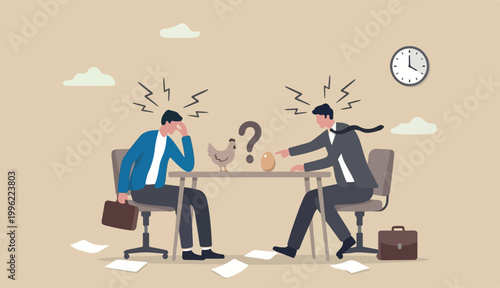 Business argument, conflict or disagreement, wasted use meeting time arguing with no result, controversy question idea concept, businessman colleagues in to arguing fight about chicken vs egg who come