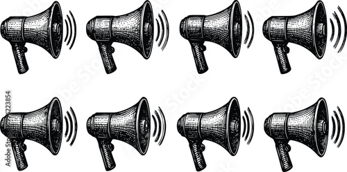 Megaphone collection icons isolated on white background featuring vintage hand drawn sketch style broadcast equipment for marketing advertising communication and digital promotion campaign projects