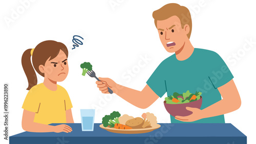 Angry father forcing upset young daughter to eat healthy vegetable salad at dinner table.