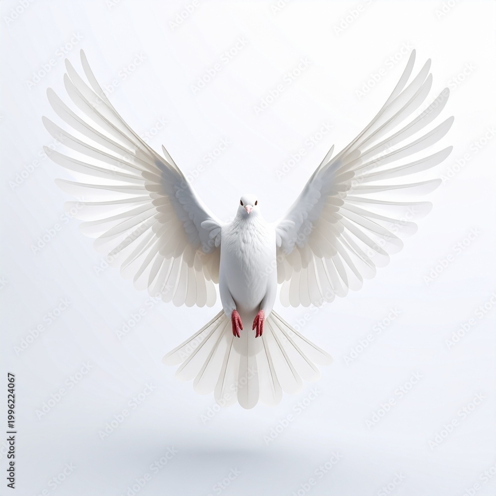 Obraz premium White dove flying with wings spread in soft light symbolizing peace and freedom