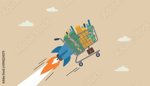 Boost sales and increase profit, achieve sales target develop business growth, inflation and price concept, shopping cart trolley into fast rocket booster flying hight the sky