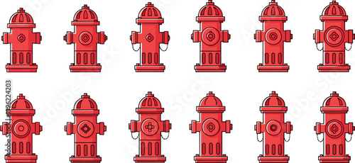 Fire Hydrant Icon Set with Red Emergency Water Equipment Variations for Safety, Urban Infrastructure, and Vector Illustration Design