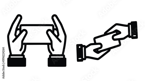 Two stylized hands exchange blank rectangular cards in a simple graphic illustration representing contactless payment or information transfer for business.