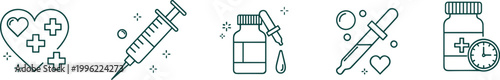 Medical healthcare icons syringe vial dropper checklist heart compassion medicine bottle wellness prevention treatment care laboratory illustration vector design