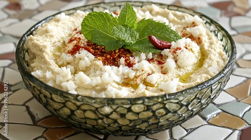 Spicy Hummus Topped with Chili Flakes and Fresh Mint, Middle Eastern Cuisine, Appetizing Dip