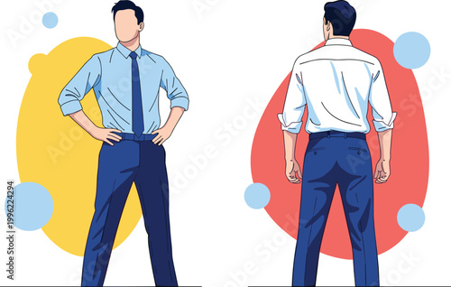 Businessman Standing Pose Illustration Set Featuring Front and Back View with Professional Attire for Leadership and Corporate Style Vector Design
