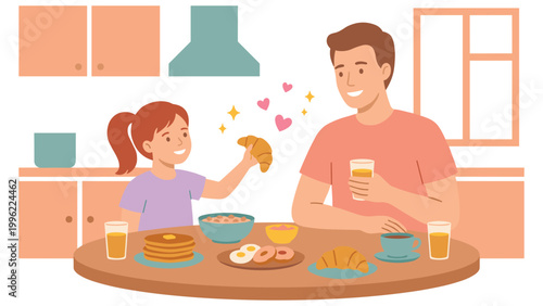 Father and daughter having breakfast together in kitchen happy family morning meal.